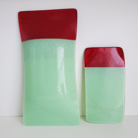 Vintage Fused Glass Serving Platters Mint Green Opaque Red Decorative Party Two - Picture 3 of 9